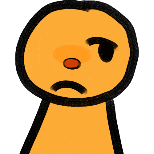 a yellow-orange person with a red nose and a bored expression